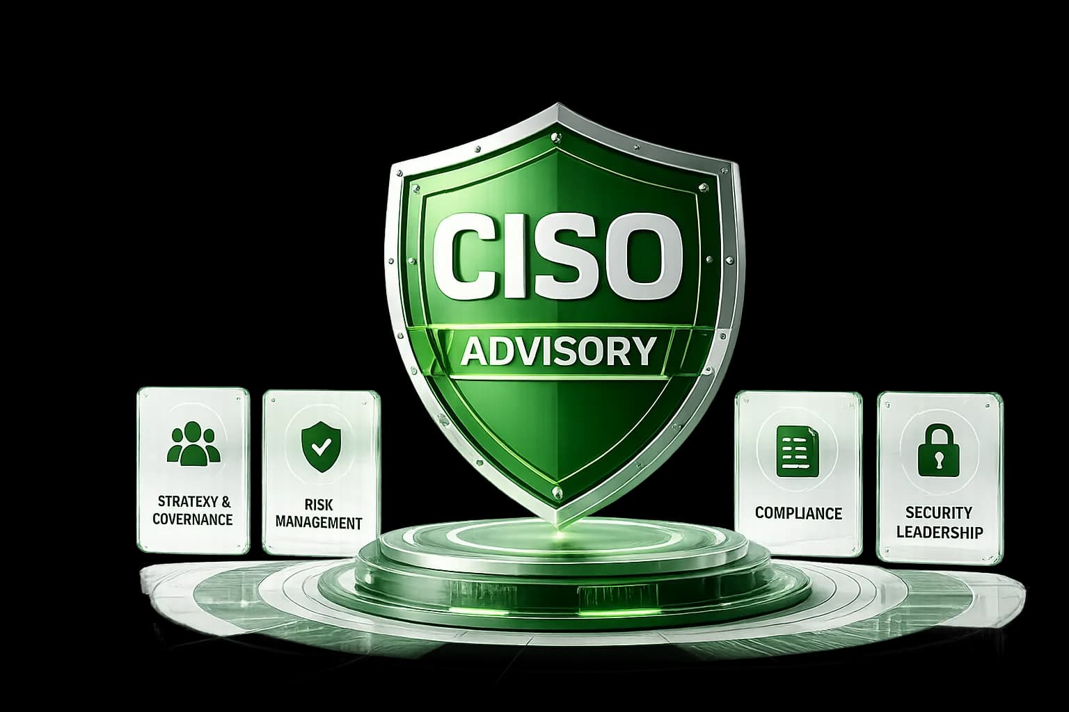 A green shield reading CISO Advisory on a lit plinth, flanked by four glass panels — strategy and governance, risk management, compliance, and security leadership.