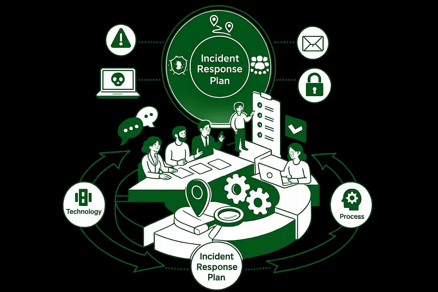 An incident response team coordinating a rehearsed plan — the workflow from detection through containment to remediation of a cyber incident.