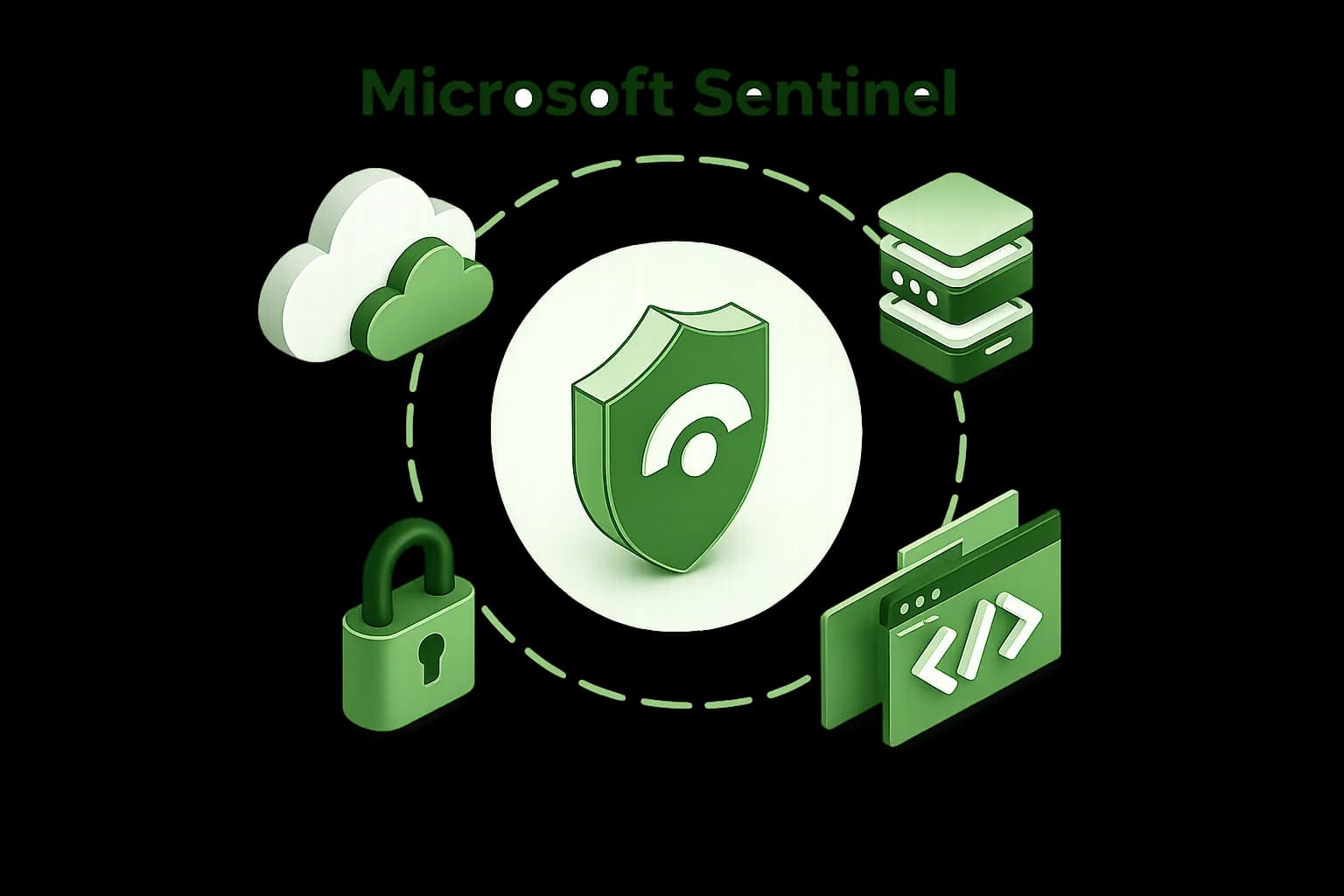 A cloud protected by a central shield, surrounded by analytics dashboards and an inspection lens auditing its security telemetry.