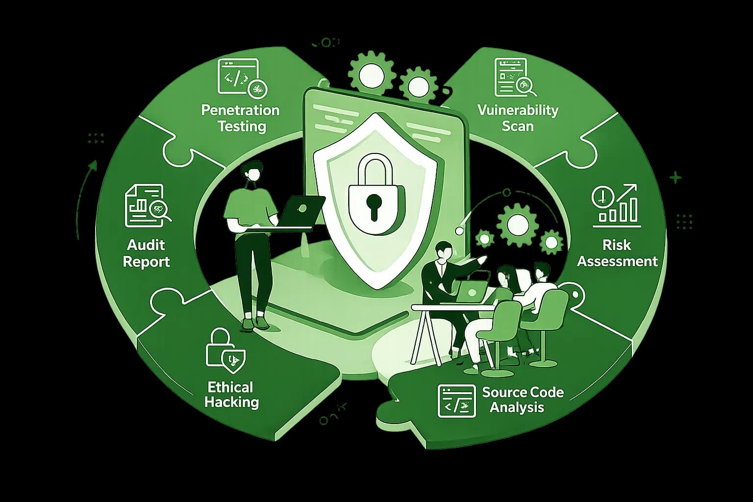 A padlocked shield guarding a cloud and on-premises servers, with a magnifying lens surfacing a bug — threats hunted across the whole environment.