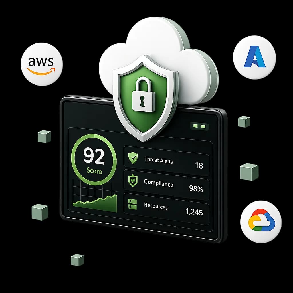 The CSPMX security posture dashboard, scoring a cloud estate across AWS, Microsoft Azure and Google Cloud