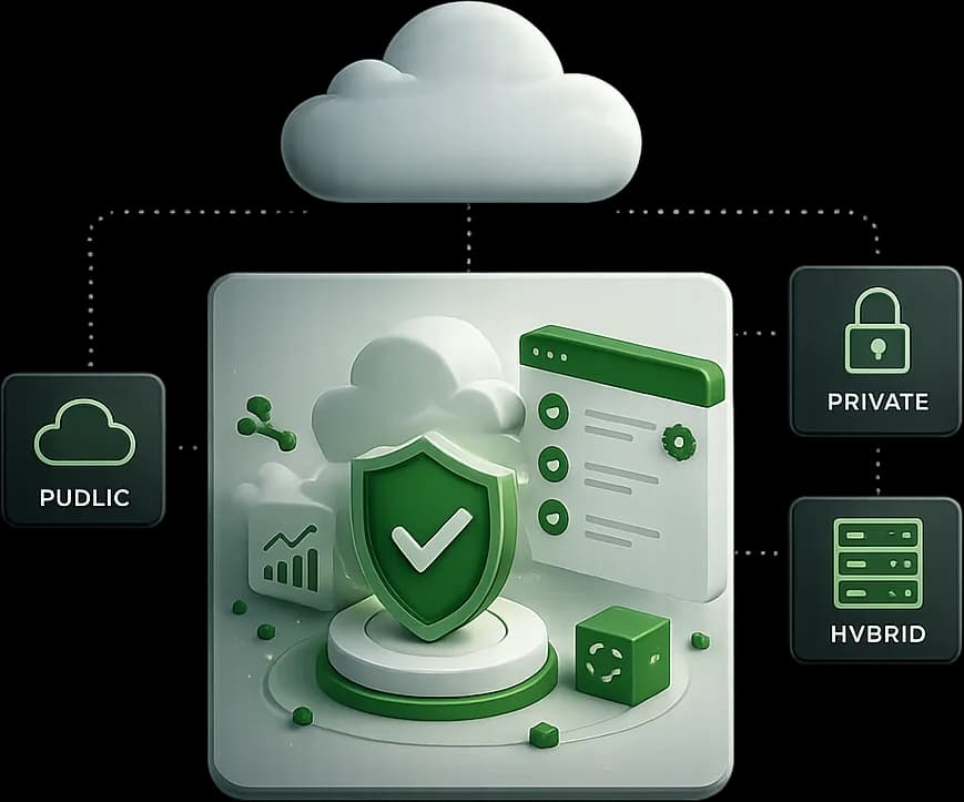 Automated cloud remediation — a verified security shield on a podium beside a settings checklist and performance chart, with public, private and hybrid environments brought back into compliance.