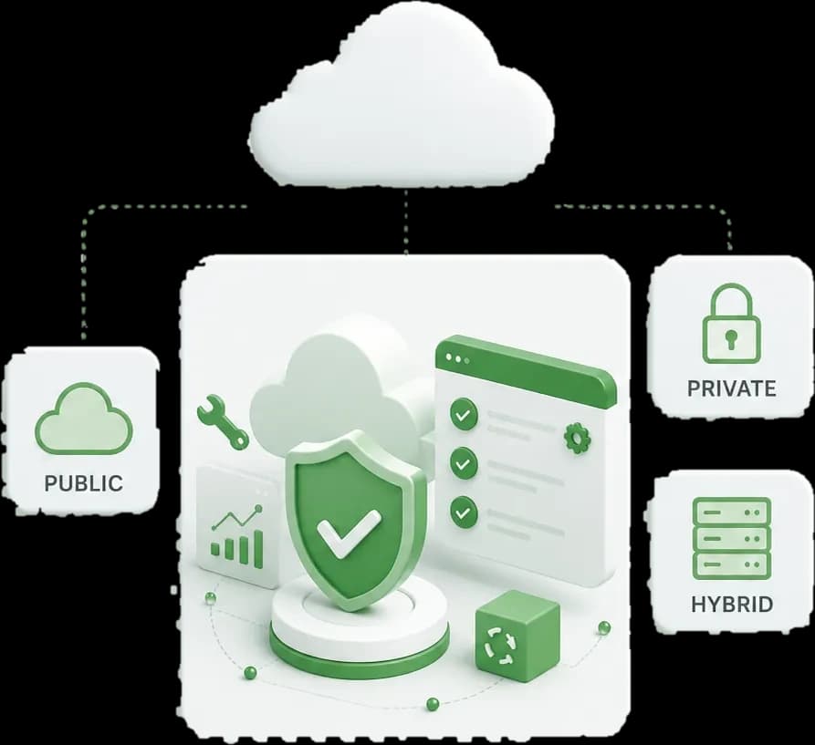Automated cloud remediation — a verified security shield beside a completed checklist, performance chart and repair tools, showing misconfigurations fixed and cloud posture continuously improved.