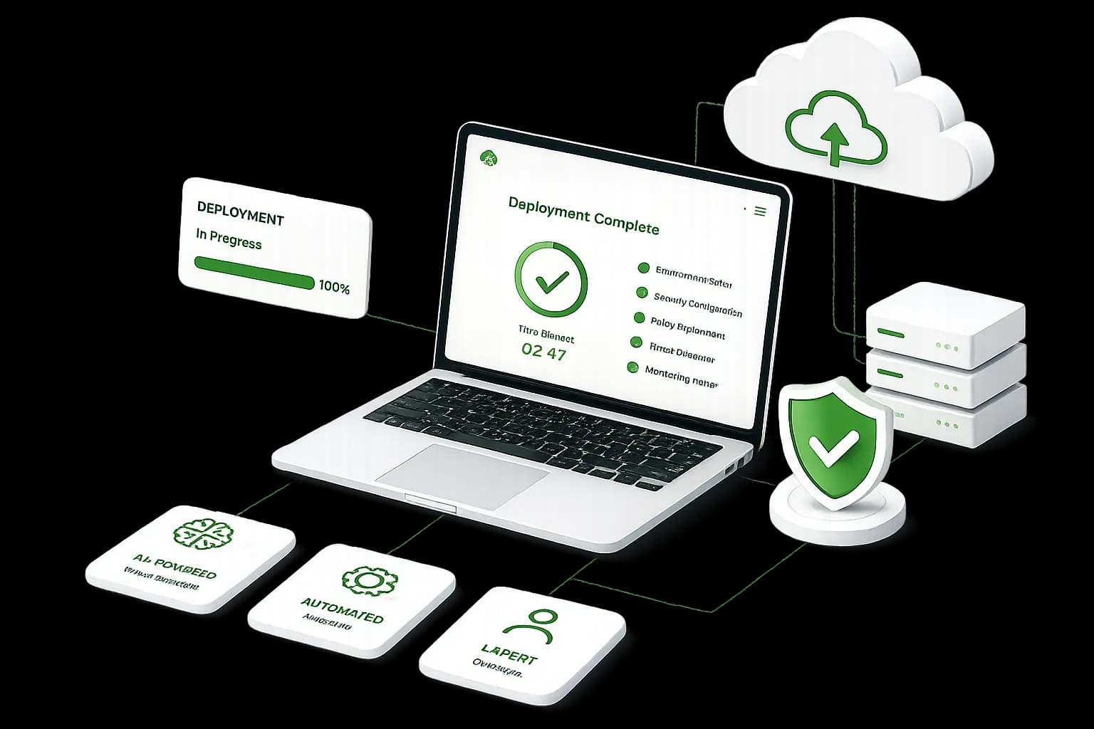 A CSPMX dashboard showing a cloud security deployment completing in minutes — environment setup, security configuration, policy deployment, threat detection and monitoring all active, supported by AI-powered detection, automated response and expert oversight.