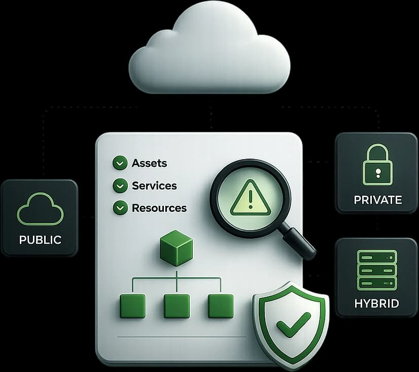 Cloud security posture assessment mapping cloud assets, services and resources across public, private and hybrid environments, with a magnifying glass surfacing a misconfiguration to remediate.