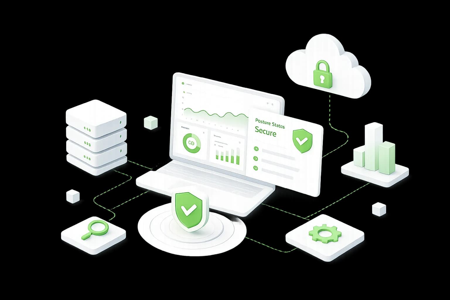 Cloud environment being continuously monitored — a shield on a platform links a cloud, database, analytics, search and configuration nodes.