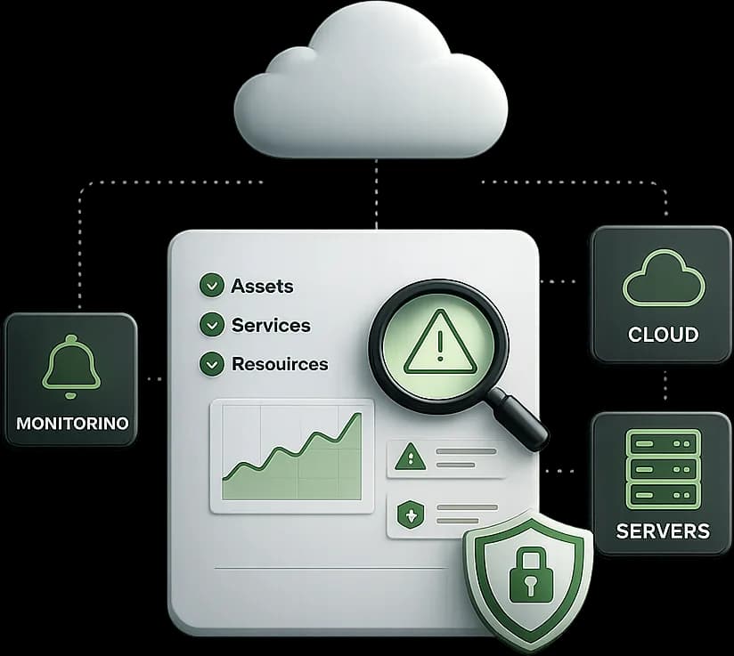 Continuous cloud monitoring: a checklist of assets, services and resources beside a trend chart and alert rows, with a magnifying glass surfacing a warning and monitoring, cloud and server tiles wired to the environment.