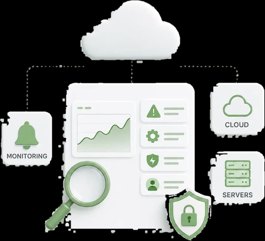 Continuous cloud monitoring dashboard tracking activity in real time and flagging suspicious activity, network data usage, policy non-compliance and unauthorised changes.